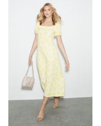 Dorothy Perkins Yellow Floral Textured Square Neck Midi Dress - White