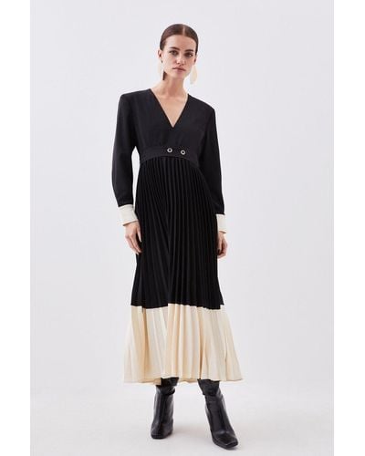 Karen Millen Petite Twill Pleated Colour Block Woven Maxi Dress - Black