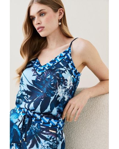 Karen Millen Tropical Geo Satin Nightwear Cami - Blue