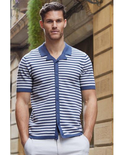 Threadbare 'coniston' Cotton Mix Striped Short Sleeve Knitted Shirt - Blue