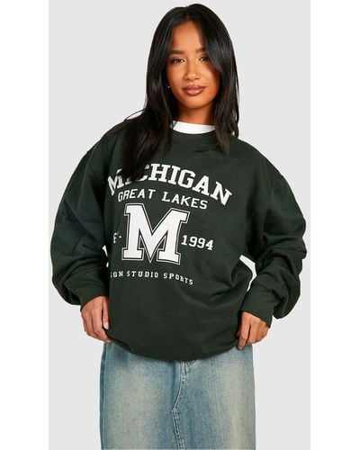 Boohoo Petite Michigan Slogan Varisty Printed Oversized Sweatshirt - Black