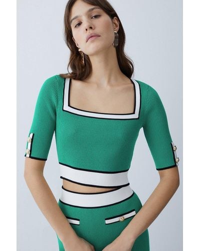 Karen Millen Military Style Rib Knit Crop Top - Green