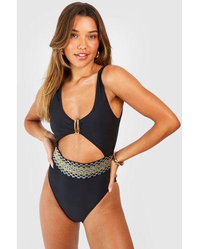 Boohoo Embroidered Tape Cut Out Bathing Suit - Black