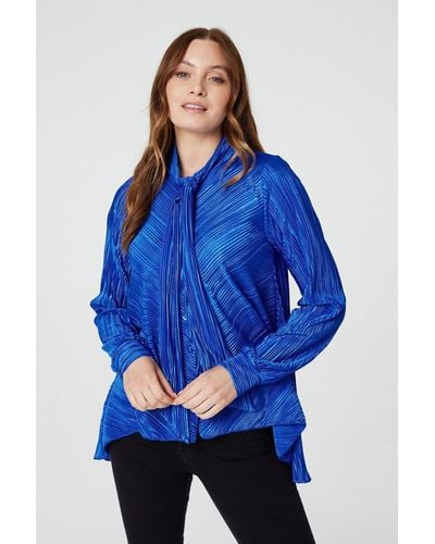 Izabel London Pleated Tie Neck Relaxed Blouse - Blue