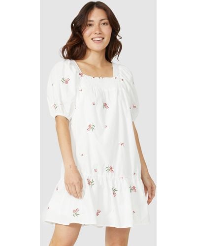 Mantaray Floral Embroidered Smock Dress - White