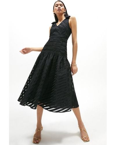 Coast Stripe Organza Bow Detail Tie Waist Shoulder Dress - Black