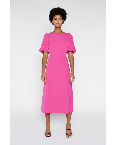 Warehouse Puff Sleeve V-back Midi Dress - Pink