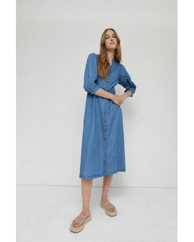 Warehouse Petite Denim Smock Button Through Midi Dress - Blue