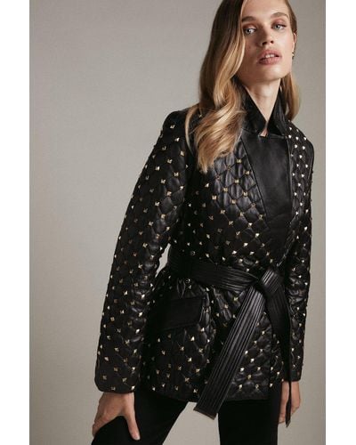 Karen Millen Leather Quilted And Studded Notch Neck Coat - Black