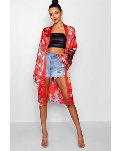 Boohoo Tall Oriental Belted Kimono - Red