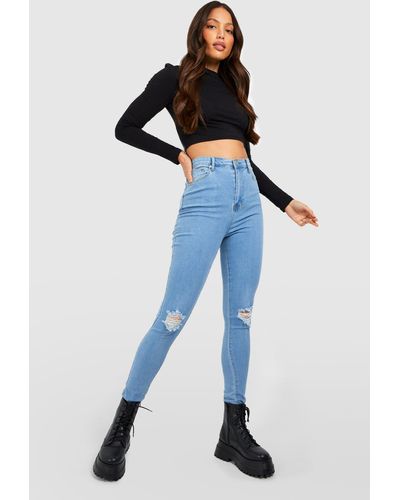 Boohoo Tall Basic High Waist Distressed Skinny Jean 35" Leg - Blue