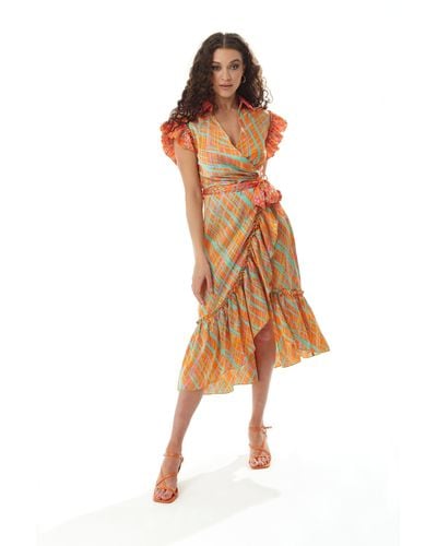 Liquorish Midi Wrap Dress In Orange Scribble Print With Frill Details