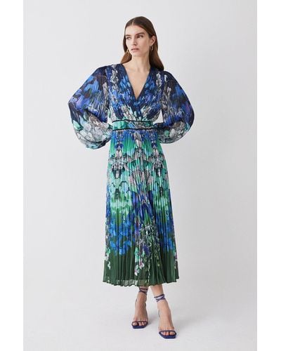 Karen Millen Mirrored Ombre Floral Pleat Drama Woven Midi Dress - Blue