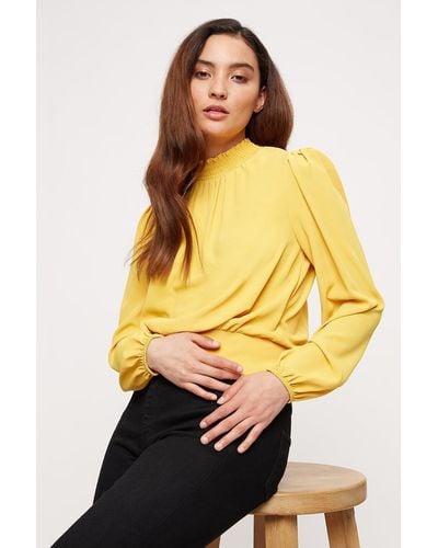 Dorothy Perkins Petite Ochre Long Sleeve Shirred Top - Yellow