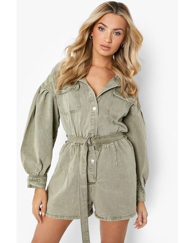 Boohoo Utility Pocket Denim Playsuit - Green