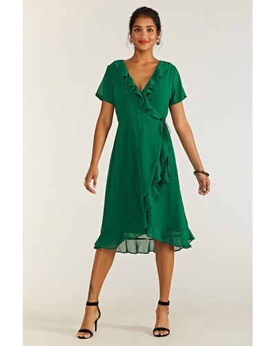 Yumi' Green Frill Wrap Dress With Tassel Detail