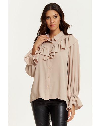 Hoxton Gal Relaxed Fit Frilled Front Shirt Top - Natural