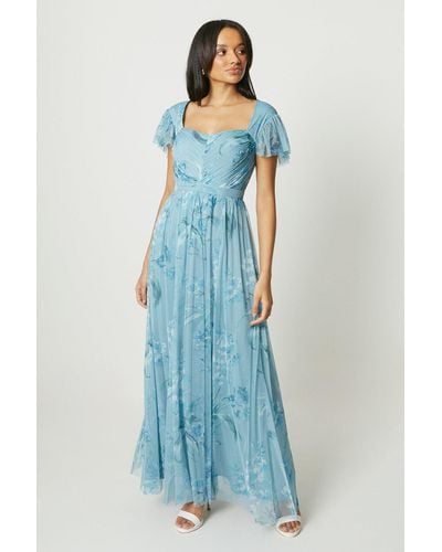 Debut London Floral Mesh Angel Sleeve Bridesmaids Maxi Dress - Blue