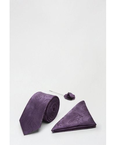 Burton Purple Wedding Paisley Tie Set With Lapel Pin