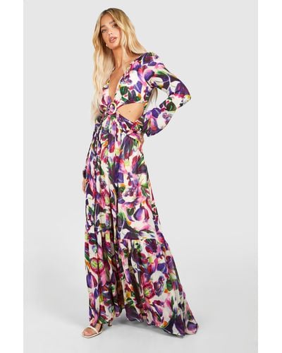 Boohoo Floral Print Cut Out Maxi Dress - Red