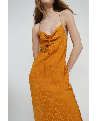 Warehouse Jacquard Ruched Midi Slip Dress - Orange