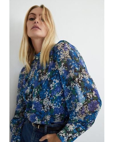 Warehouse Polyester High Neck Blouse In Floral - Blue