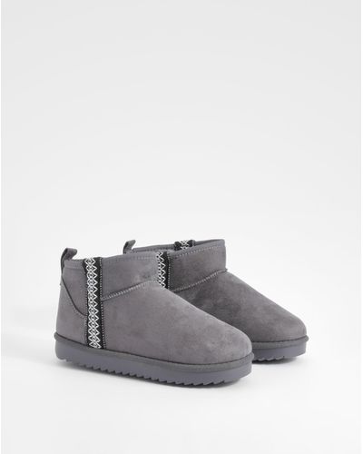 Boohoo Embroidered Detail Ultra Mini Cosy Boots - Grey