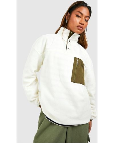 Boohoo Polar Fleece Pocket Detail Half Zip Oversized Sweatshirt - White