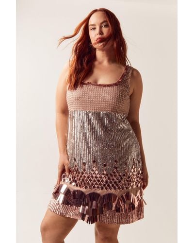 Nasty Gal Plus Size Mixed Sequin Fringe Mini Shift Dress - Brown