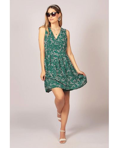 Tenki Sleeveless V Neck Floral Skater Dress - Green