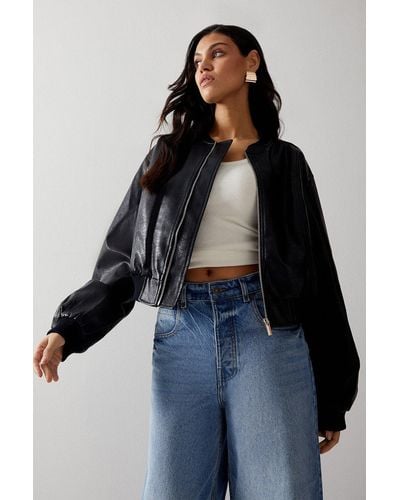 Warehouse Faux Leather Crackle Cropped Bomber Jacket - Blue