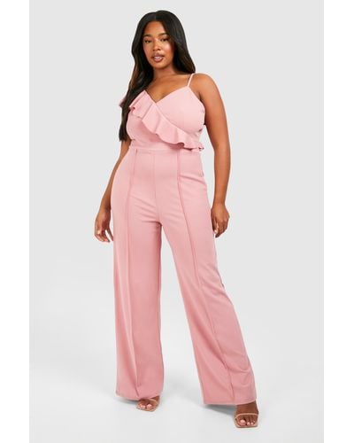Boohoo Plus Ruffle Detail Strappy Wide Leg Jumpsuit - Pink