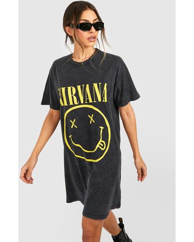 Boohoo Nirvana Acid Wash Slogan Smiley T-shirt Dress - Black