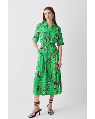 Karen Millen Tall Floral Batik Premium Linen Woven Shirt Dress - Green