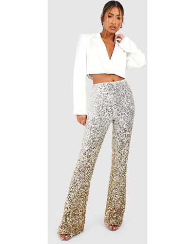 Boohoo Ombre Sequin High Waisted Flared Trousers - White