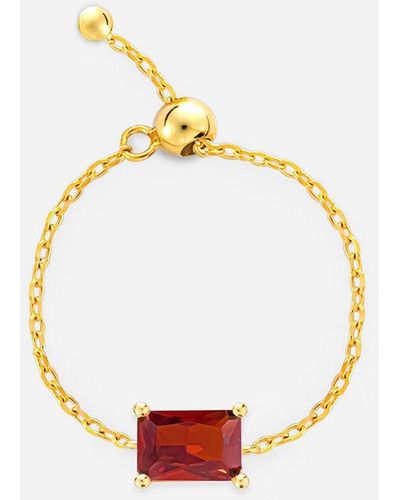 MUCHV Gold Adjustable Chain Ring With Ruby Red Baguette Stone - White