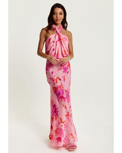 Liquorish Halter Maxi Floral Print Dress In Pink - Red
