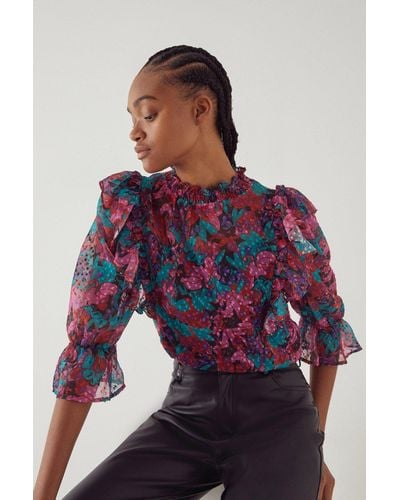 Warehouse Dobby Frill Blouse In Floral - Pink
