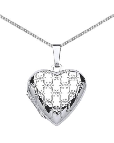 Jewelco London Silver Heart Patterned Locket Necklace 18 Inch - Metallic