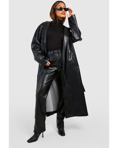 Boohoo Oversized Faux Leather Belted Trench Coat - Black