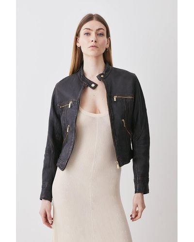 Karen Millen Washed Leather Collarless Jacket - Black