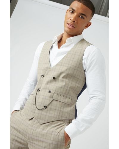 Burton Slim Fit Stone Fine Multi Check Waistcoat - Natural