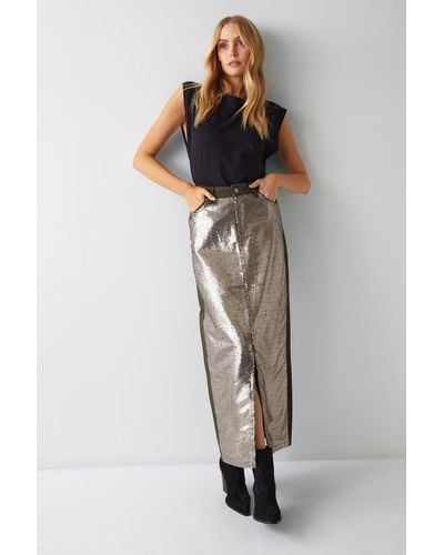 Warehouse Twill Sequin Maxi Skirt - Green