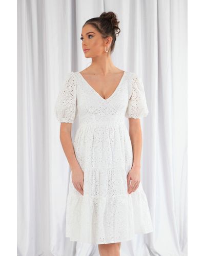 Double Second Tiered Broderie Dress - White