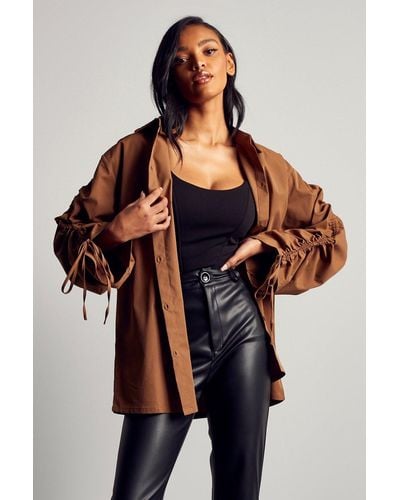 MissPap Oversized Ruched Arm Shirt - Brown