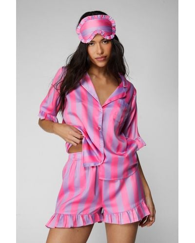 Nasty Gal Satin Stripe Ruffle 3pc Pyjama Shorts And Eyemask Set - Pink