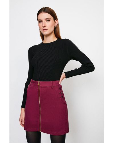 Karen Millen Stretch Twill Front Zip Button Skirt - Red