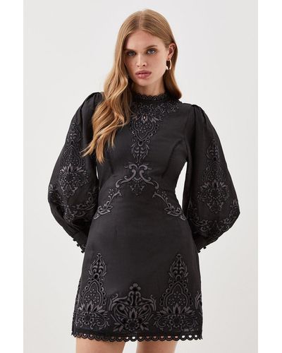 Karen Millen Lydia Millen Petite Cotton Cutwork Embroidered Woven Mini Dress - Black