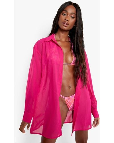 Boohoo Chiffon Beach Shirt Dress - Pink