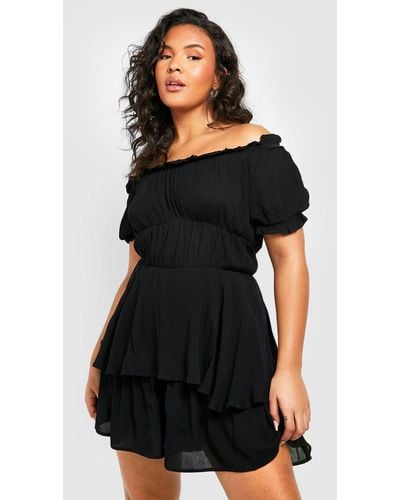 Boohoo Plus Cheesecloth Off The Shoulder Ruffle Romper - Black